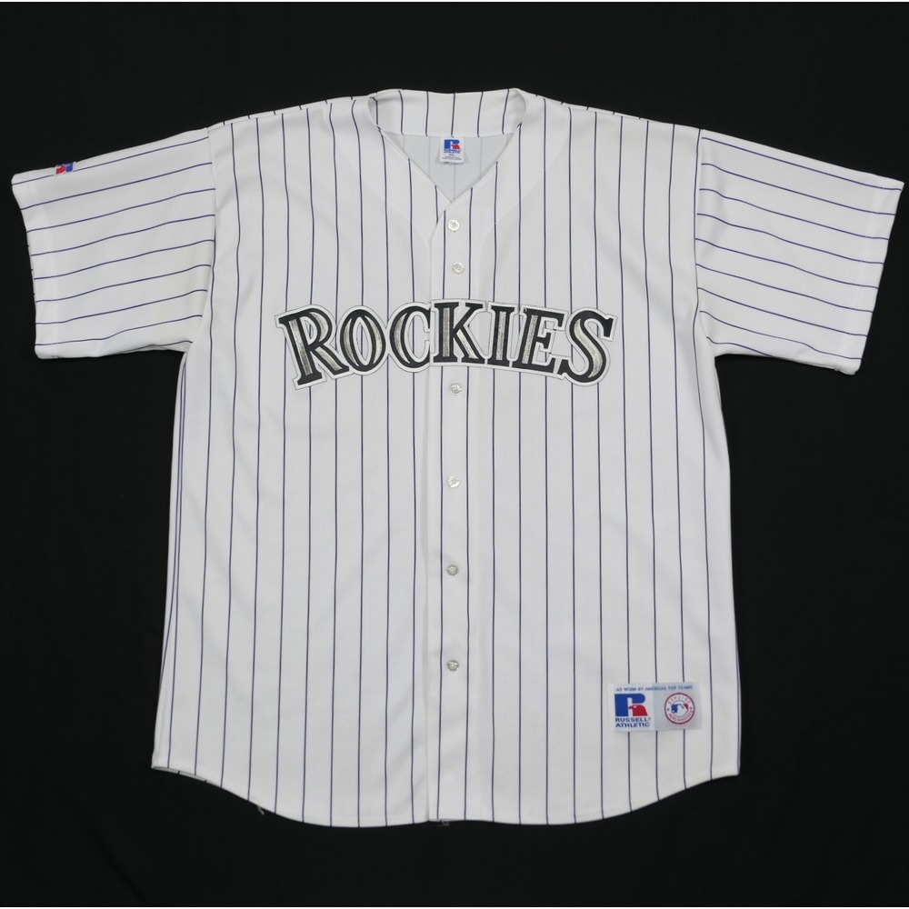 Russell‎ Athletic Colorado Rockies Baseball Jersey Mens 2XL White Pinstripe USA